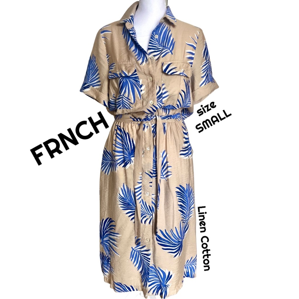 FRNCH Audelle Blue Palm Shirt Midi Dress with Open Back
